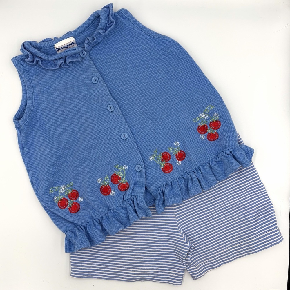 Vintage 80s Buster Brown Blue Cherries Outfit Size 5 Girls 2pc Shirt Shorts USA